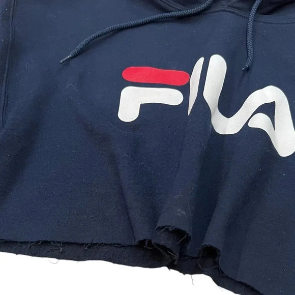 FILA Navy Cropped Raw Hem Hoodie M - Picture 3 of 4
